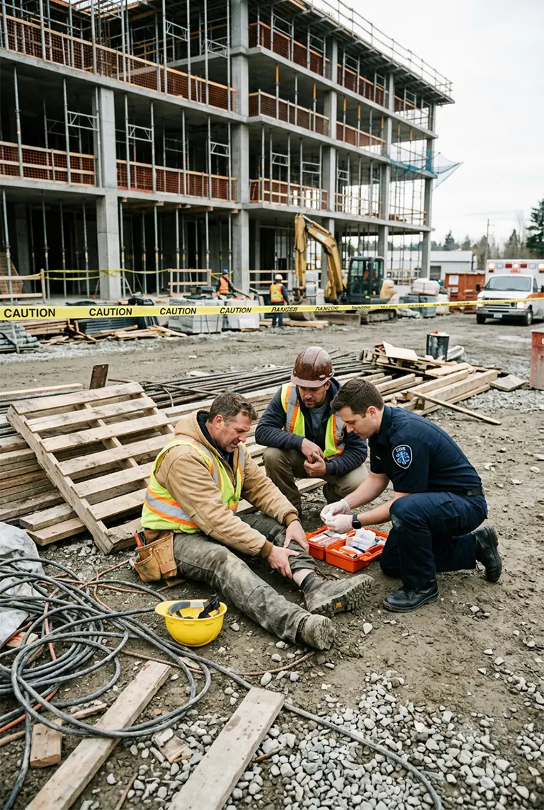 Injured construction worker being treated by emergency personnel at a construction site.