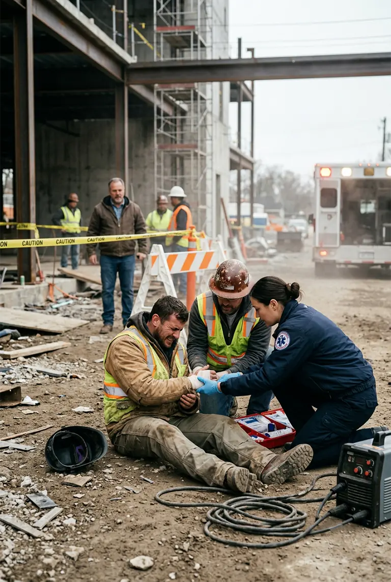 Emergency responder providing first aid to an injured worker at a construction site.