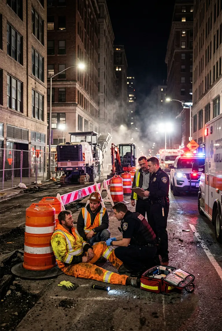 Road construction worker receiving emergency care at a nighttime work zone.