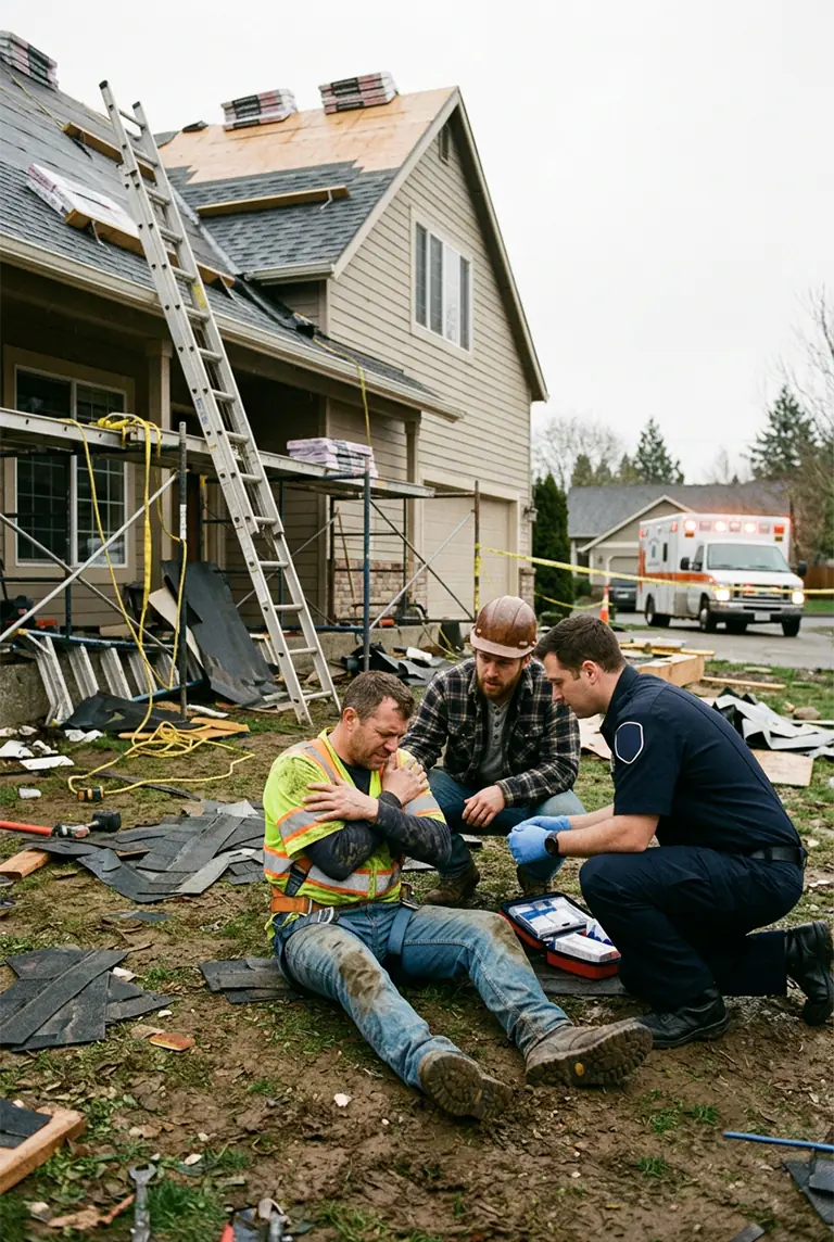 Injured roofing worker receiving medical assistance outside a house under construction.