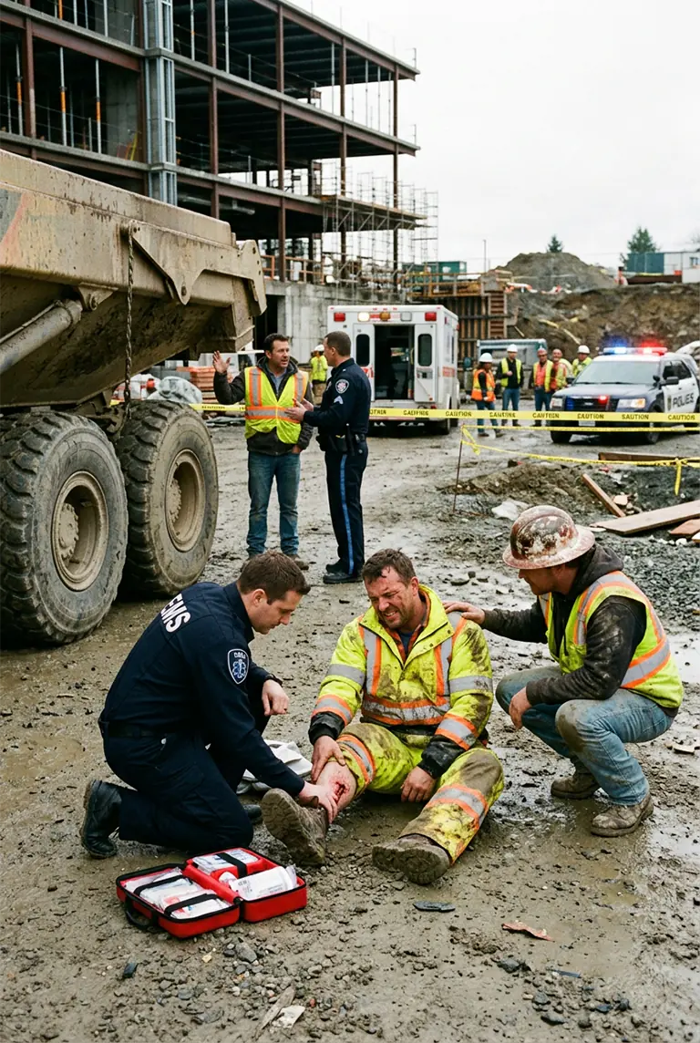 Injured construction worker receiving medical aid beside a dump truck at a job site.