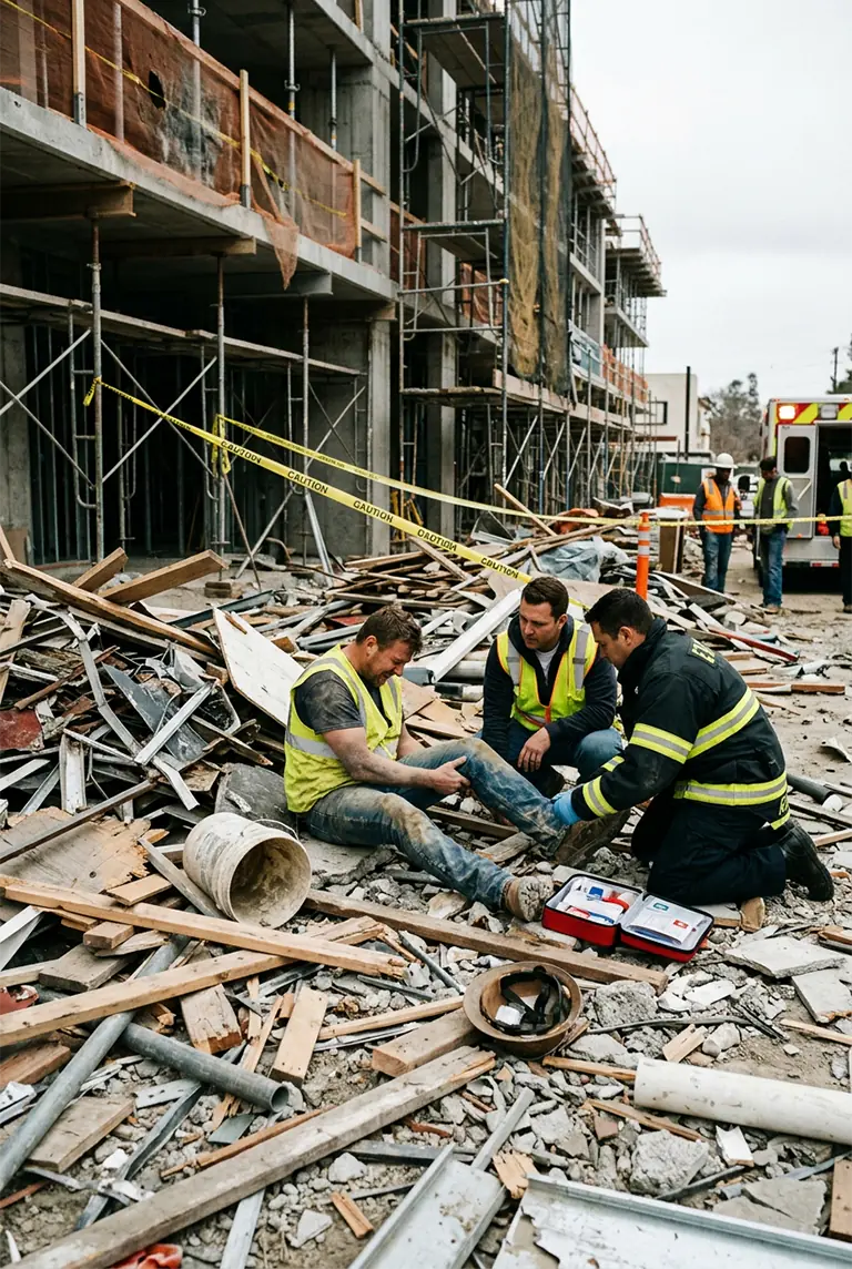 Worker receiving first aid after an injury in a debris-filled construction area.
