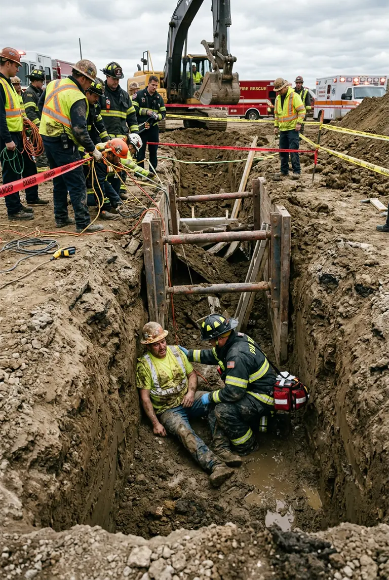 Rescue team assisting an injured worker inside a construction trench.
