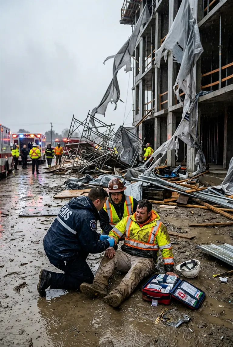 Worker receiving emergency assistance at a storm-damaged construction site.