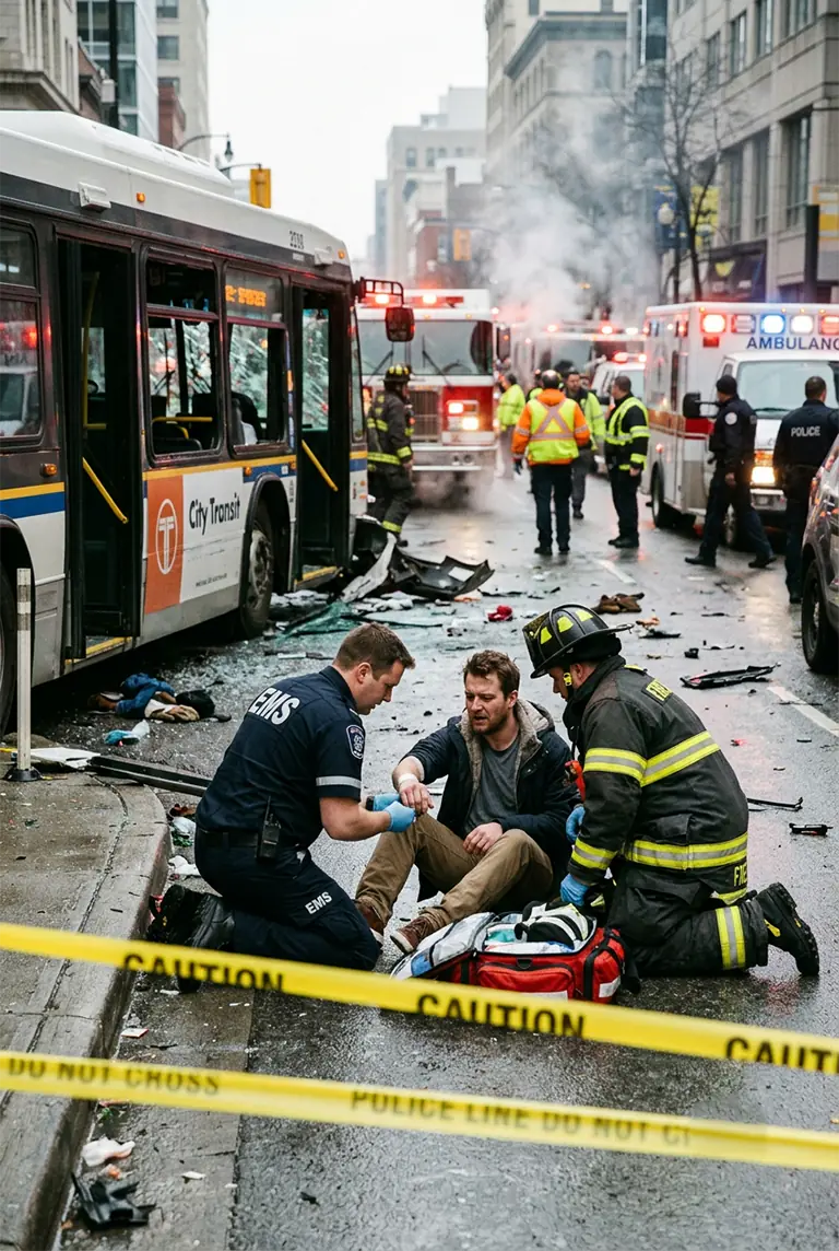 Injured passenger receiving emergency care beside a damaged city bus.