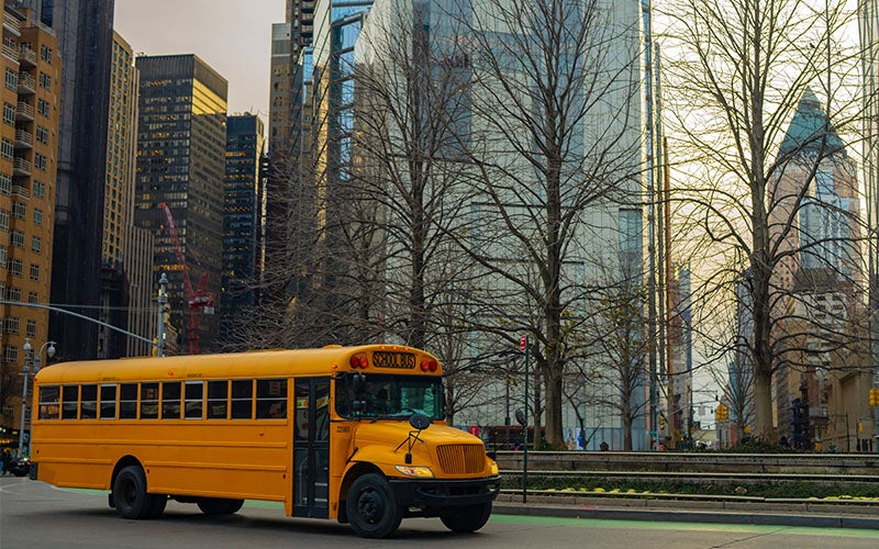 Yellow school bus on a city street, with tall skyscrapers and bare trees lining the road under an overcast sky.