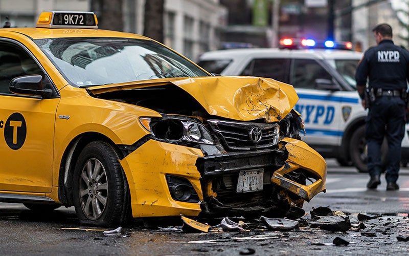 A severely damaged yellow taxi after an accident, with an NYPD officer and police car in the background.
