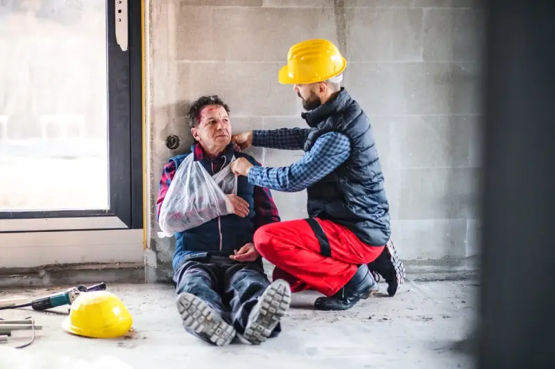 Worker assisting an injured coworker with an arm sling inside a construction site.